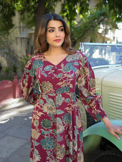 Flared Long Dress in Maroon Floral Rayon
