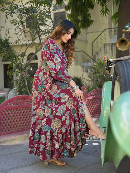 Flared Long Dress in Maroon Floral Rayon