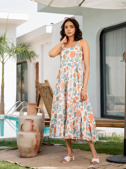 White Floral Shoulder-Strip Calf-Length Dress