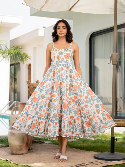 White Floral Shoulder-Strip Calf-Length Dress