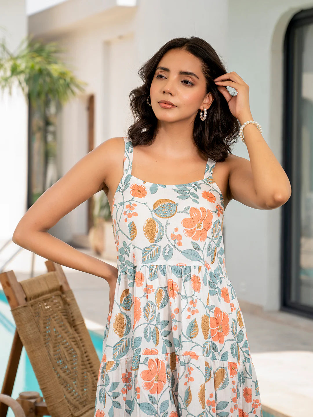 White Floral Shoulder-Strip Calf-Length Dress