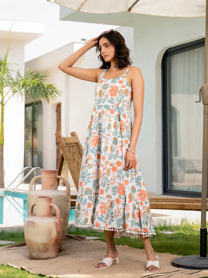 White Floral Shoulder-Strip Calf-Length Dress