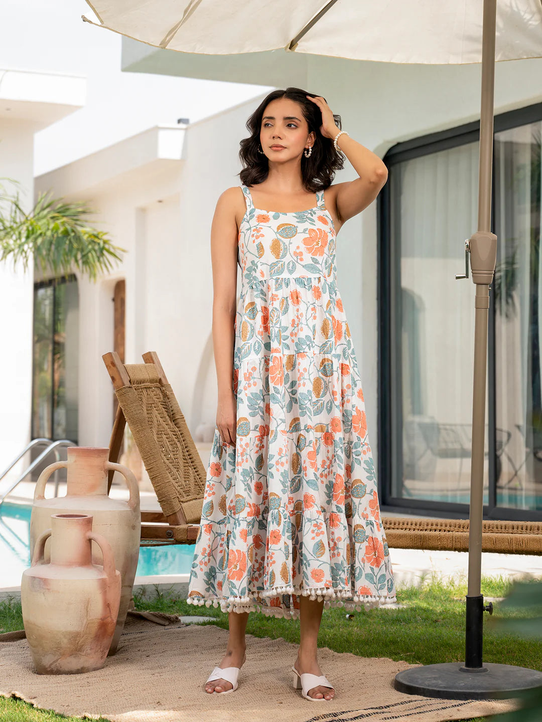 White Floral Shoulder-Strip Calf-Length Dress