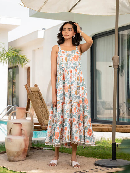 White Floral Shoulder-Strip Calf-Length Dress