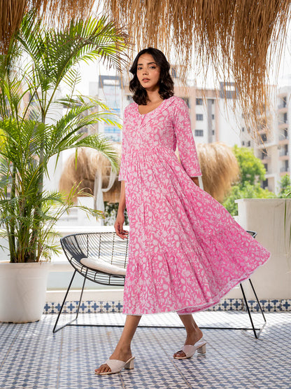 Calf-Length Pink Floral Cotton Dress with a Collar