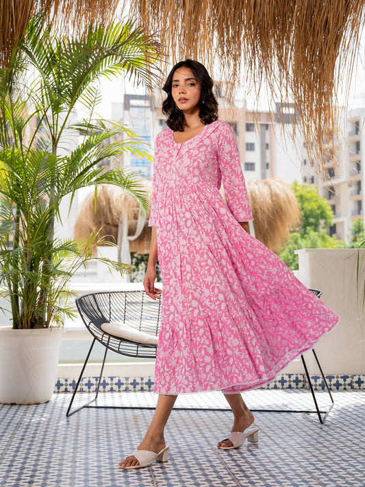 Calf-Length Pink Floral Cotton Dress with a Collar