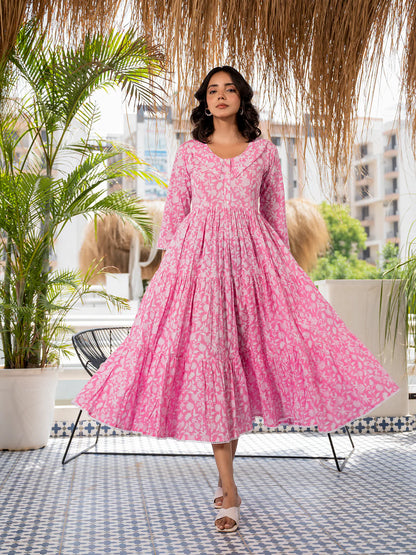 Calf-Length Pink Floral Cotton Dress with a Collar