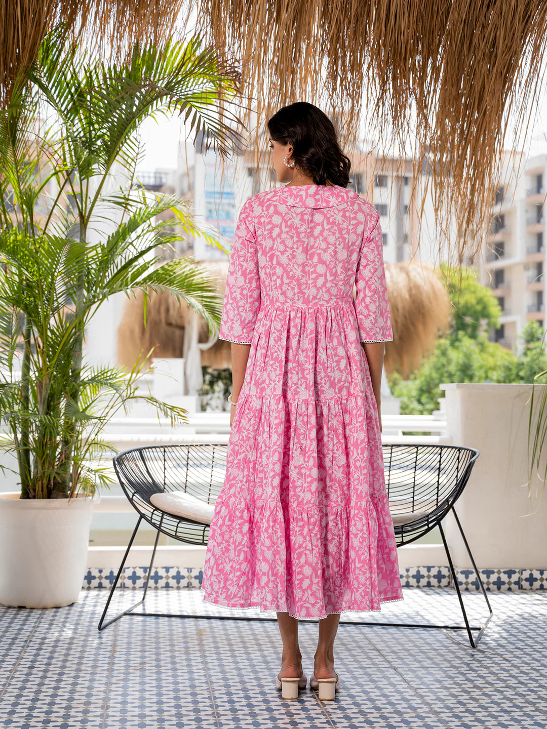 Calf-Length Pink Floral Cotton Dress with a Collar