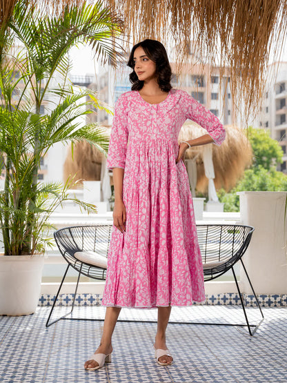 Calf-Length Pink Floral Cotton Dress with a Collar