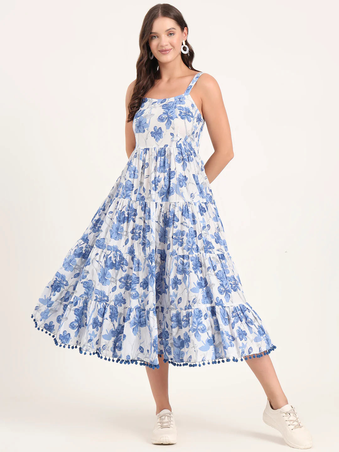 Blue Shoulder Strap Cotton Dress – Flowy Fit with Pom Pom Accents