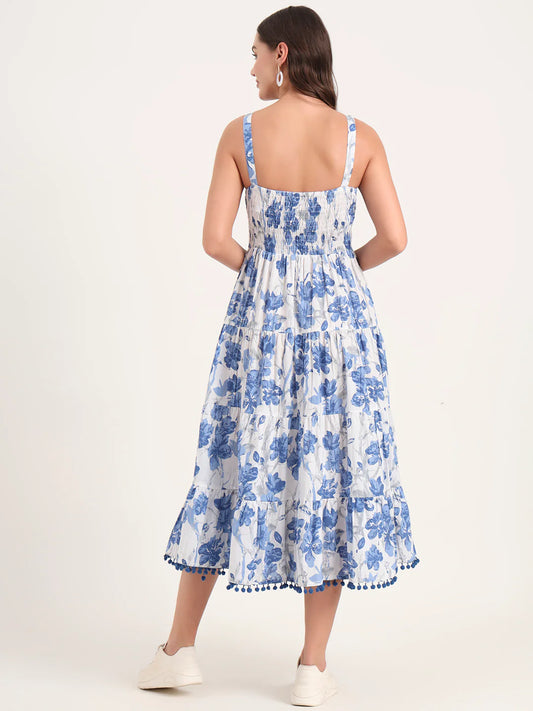 Blue Shoulder Strap Cotton Dress – Flowy Fit with Pom Pom Accents