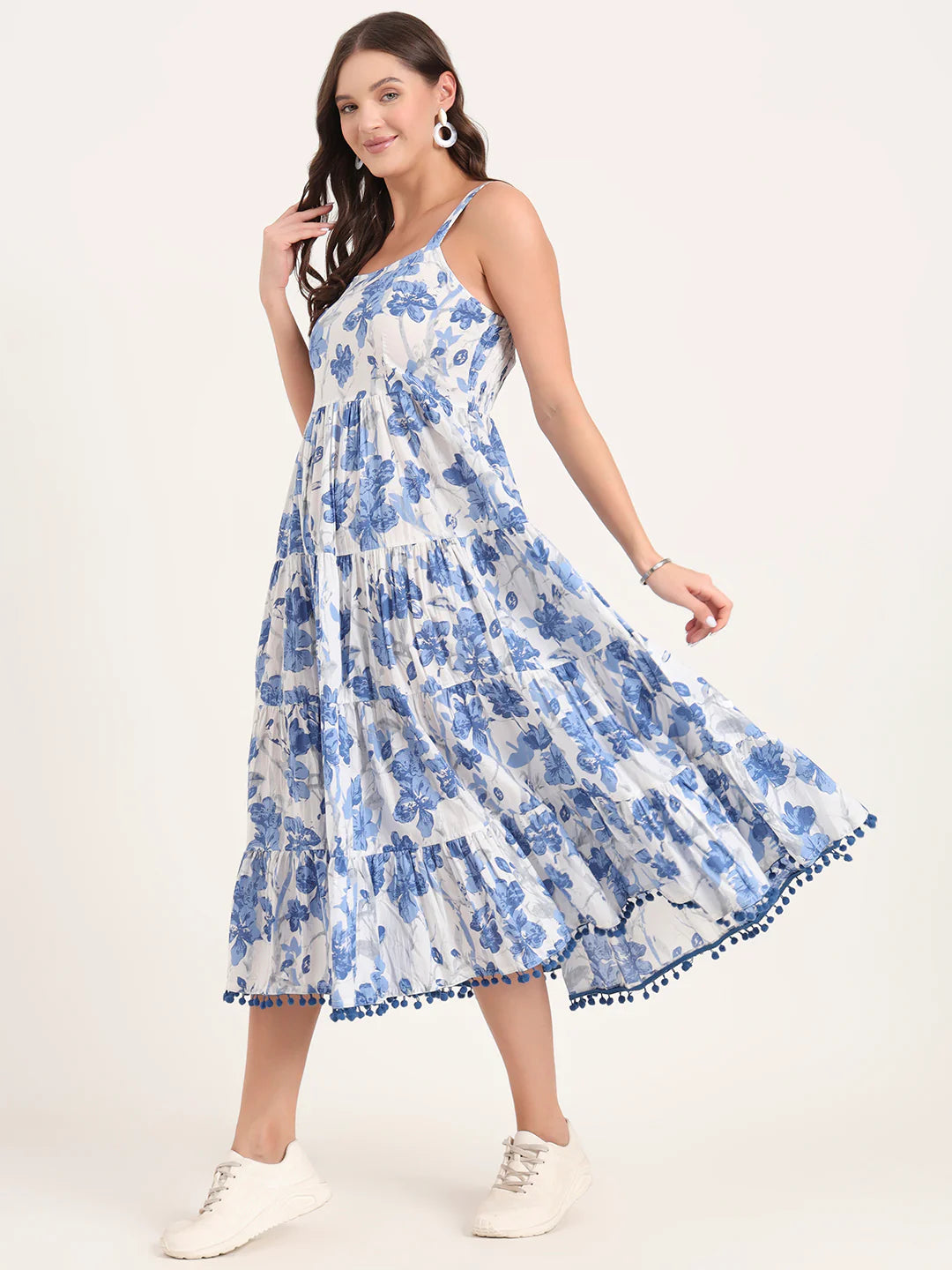 Blue Shoulder Strap Cotton Dress – Flowy Fit with Pom Pom Accents