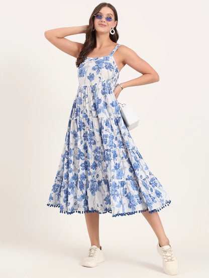 Blue Shoulder Strap Cotton Dress – Flowy Fit with Pom Pom Accents