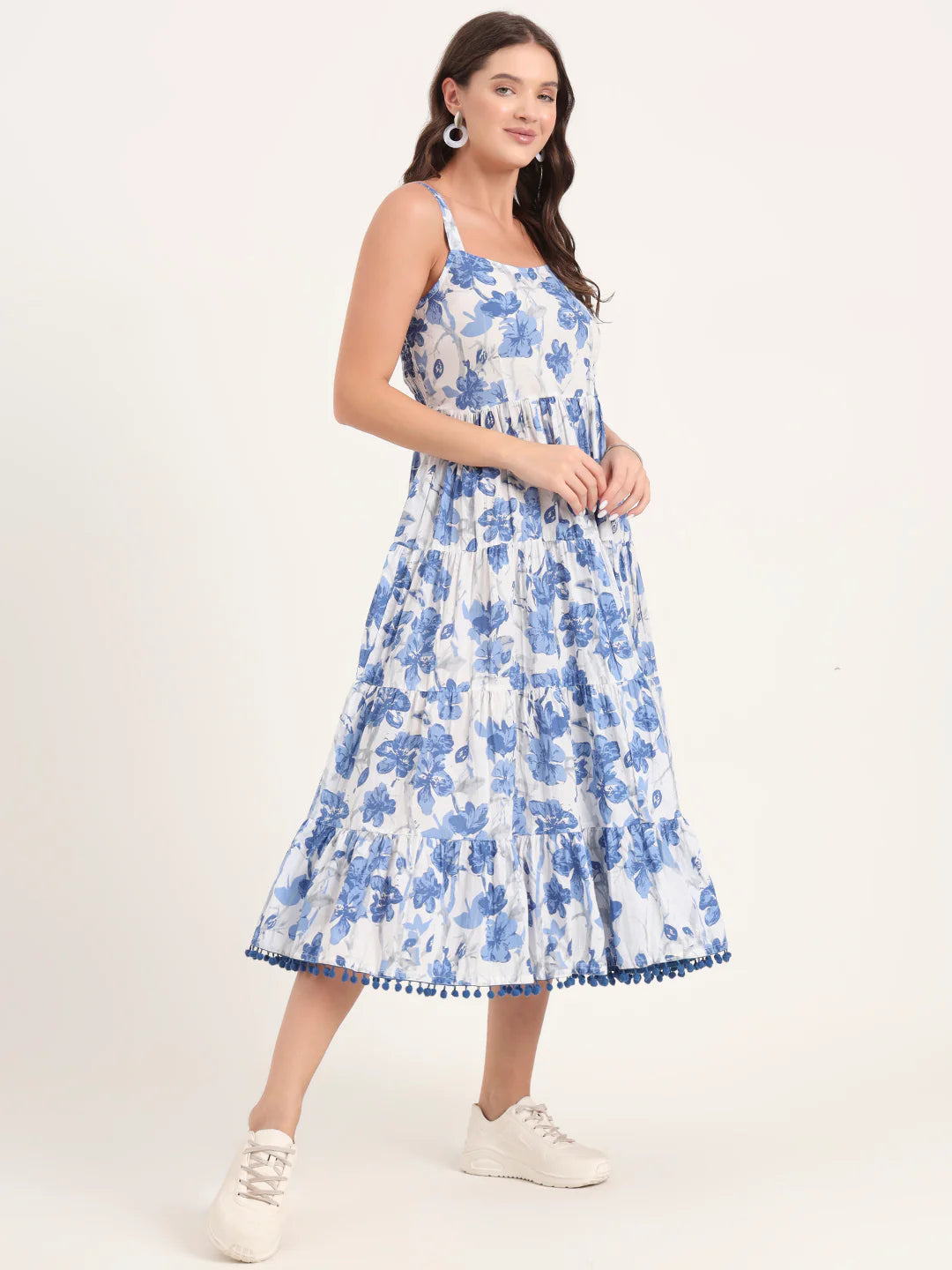 Blue Shoulder Strap Cotton Dress – Flowy Fit with Pom Pom Accents