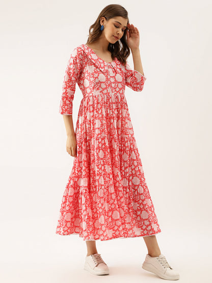 Floral Print Corel Pink Cotton Ethnic Dress
