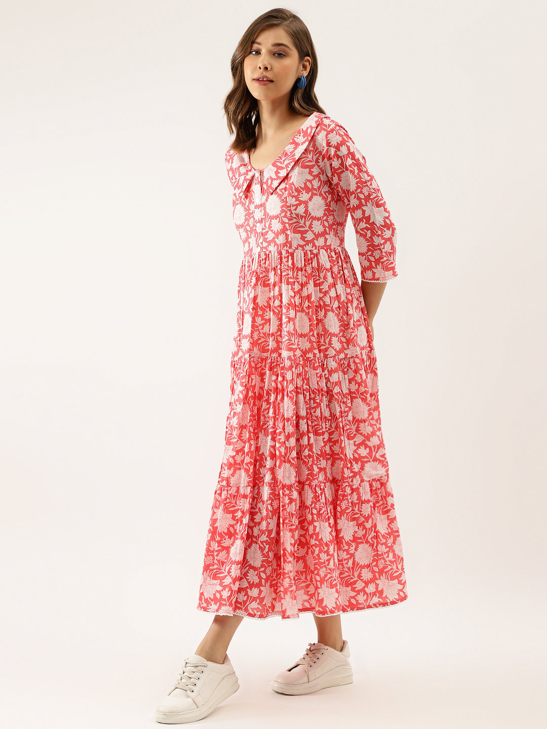 Floral Print Corel Pink Cotton Ethnic Dress