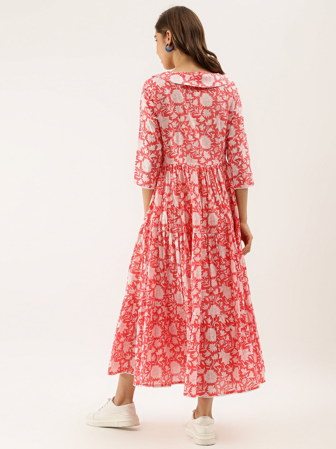 Floral Print Corel Pink Cotton Ethnic Dress