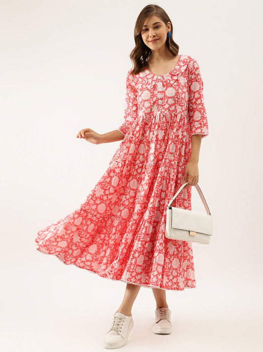 Floral Print Corel Pink Cotton Ethnic Dress