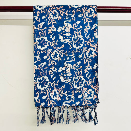 Blue floral patterned scarf with white accents