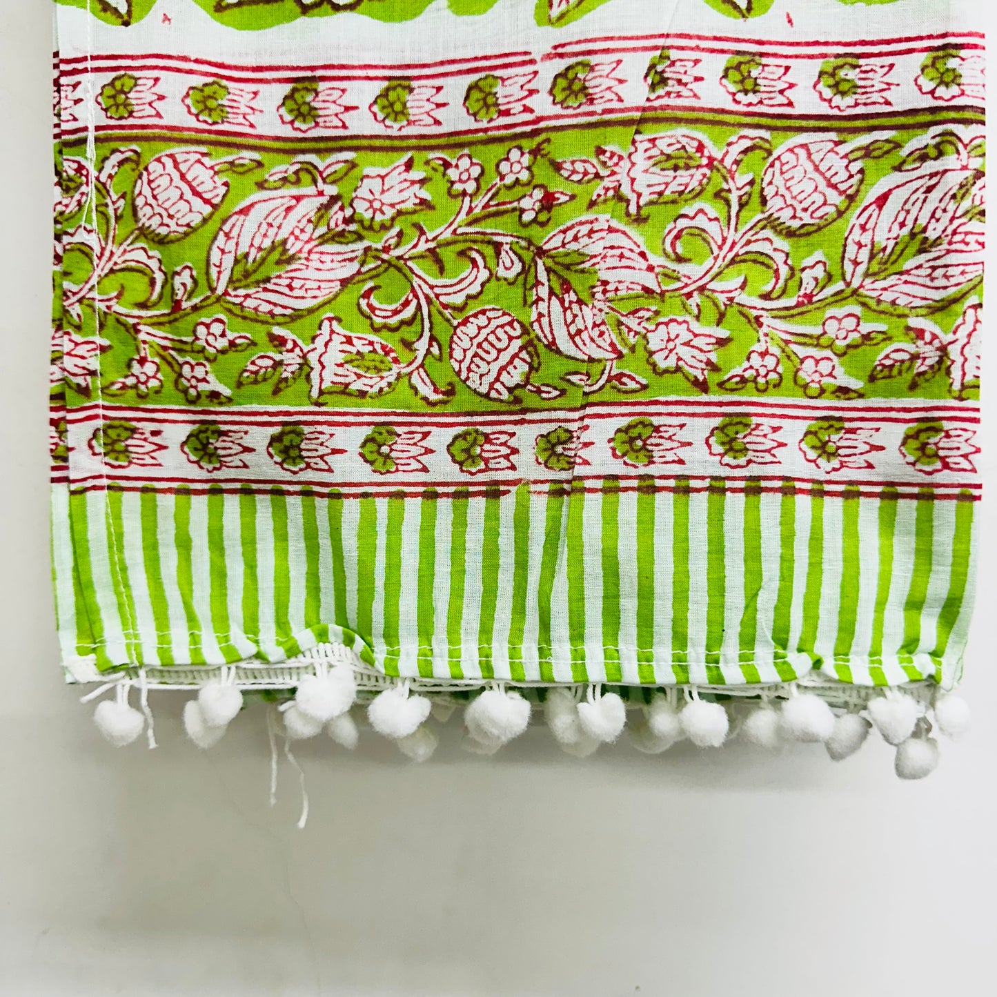 Green and white patterned Cotton Cotton Scarf with pom-pom trim