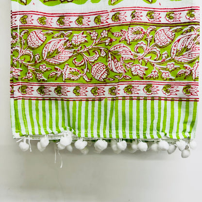Green and white patterned Cotton Cotton Scarf with pom-pom trim