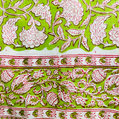 Green and white patterned Cotton Cotton Scarf with pom-pom trim