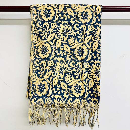 Navy blue and yellow floral patterned scarf