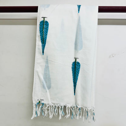White scarf with blue leaf patterns