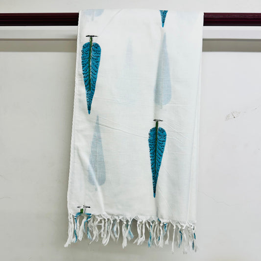 White scarf with blue leaf patterns