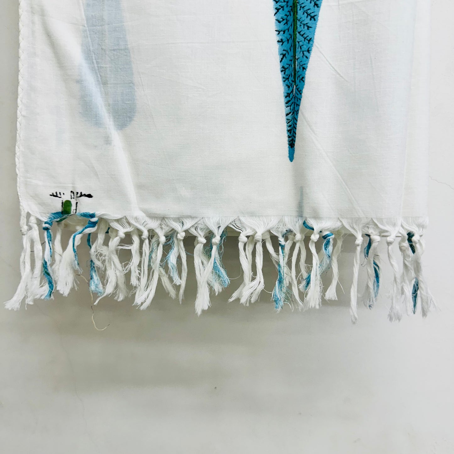 White Cotton scarf with blue leaf patterns