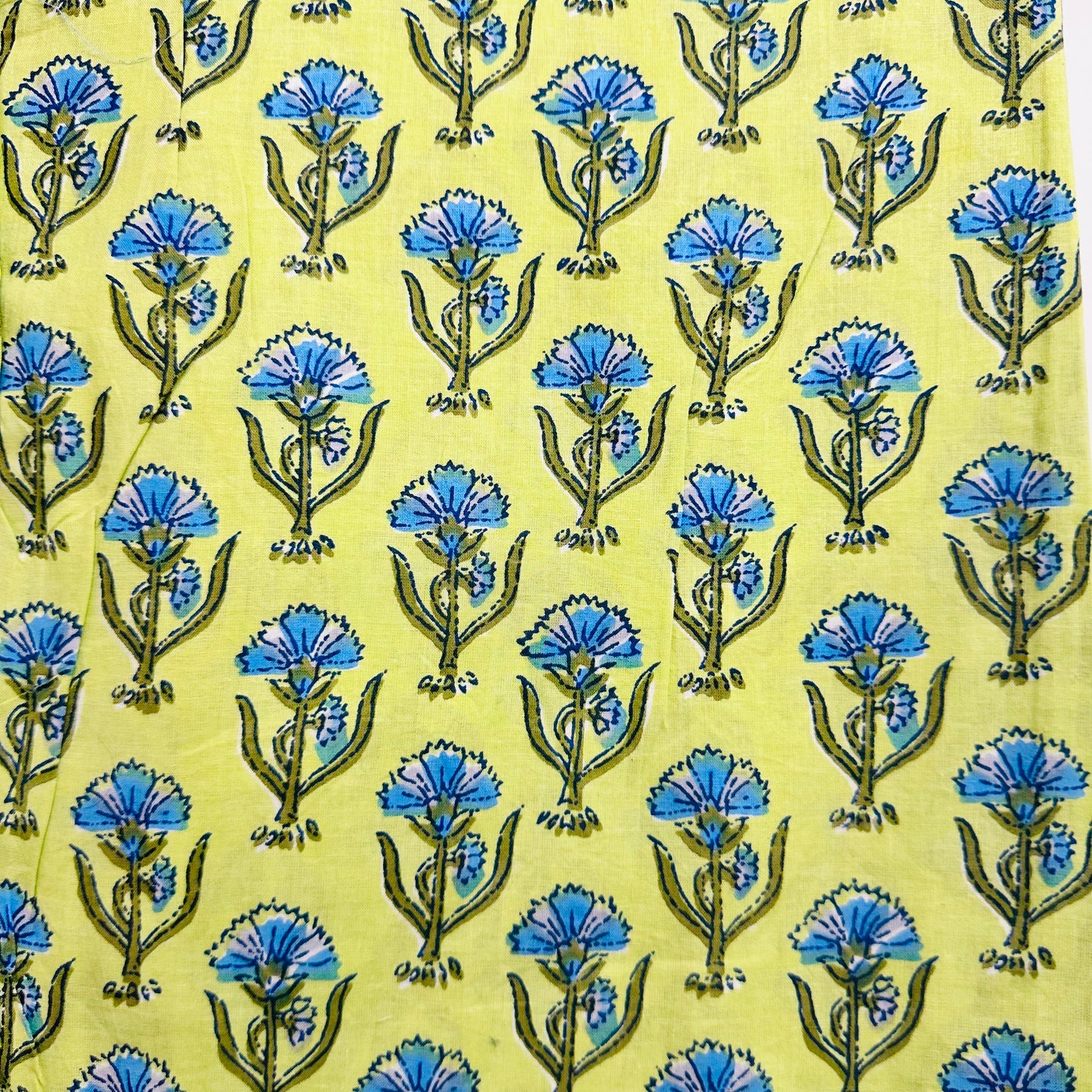 Green Cotton scarf with blue floral pattern and tassels