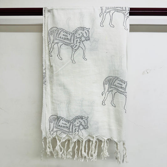 White scarf with black horse patterns and fringes on a whit