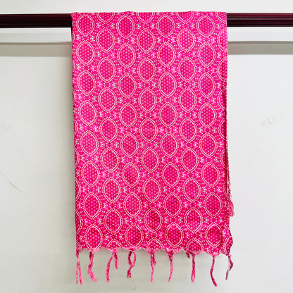 Pink patterned scarf with white dots and circles