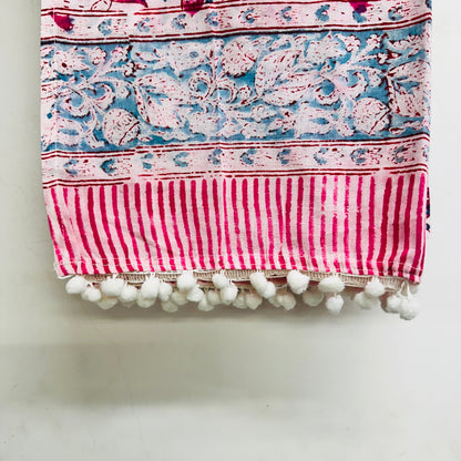 Decorative Cotton scarf with colorful patterns and pom-pom trim