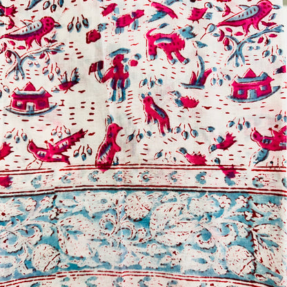 Decorative Cotton scarf with colorful patterns and pom-pom trim