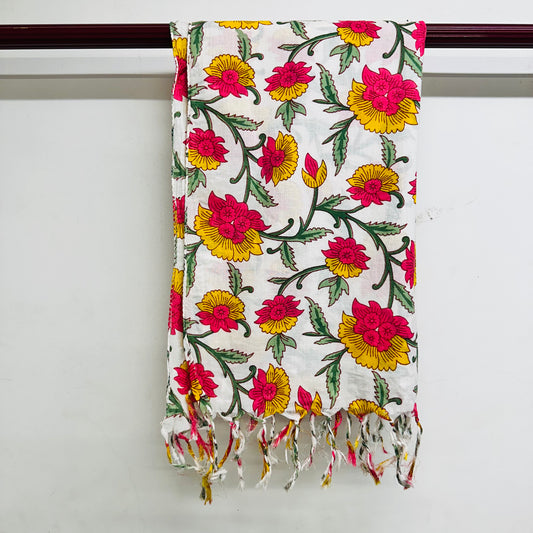 Floral patterned scarf with pink and yellow flowers