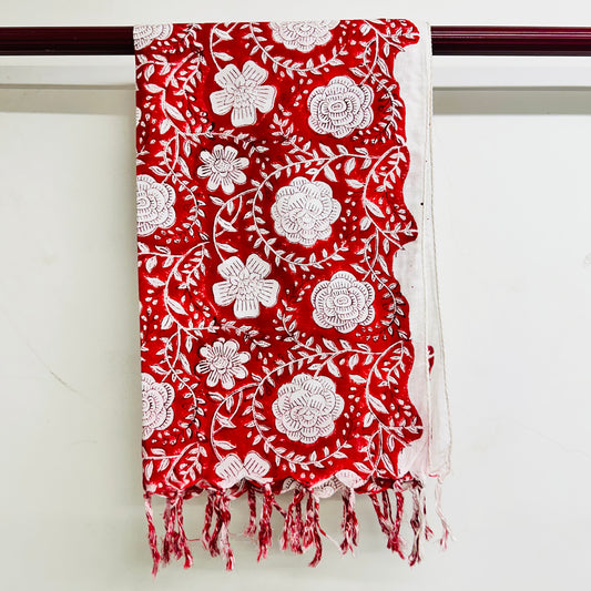 Red scarf with white floral patterns