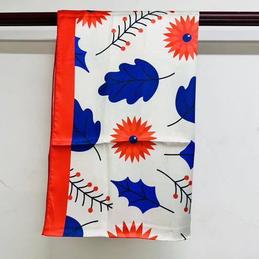 Printed satin Scarf blue leaf