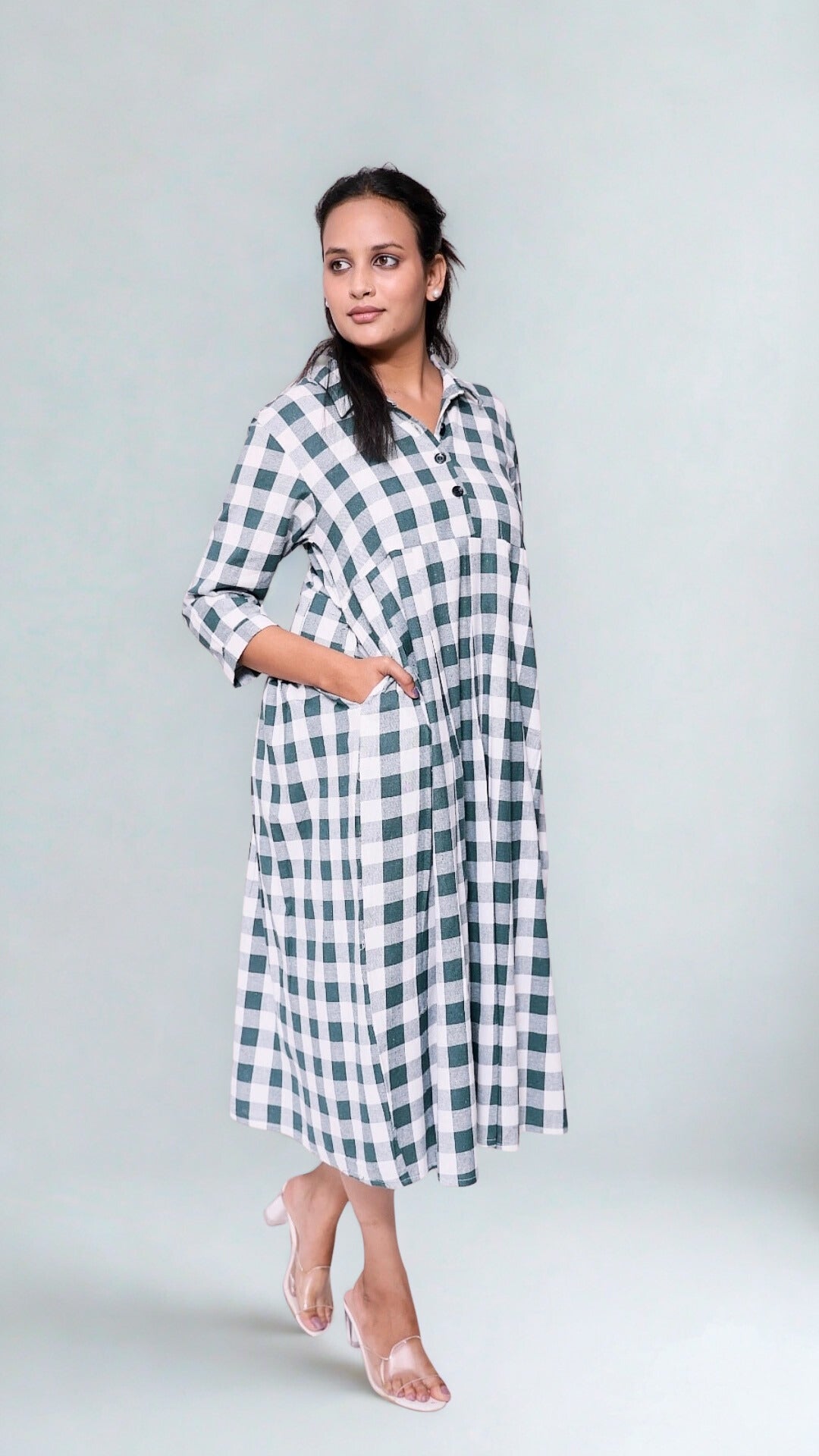 Olive green and white checks dress