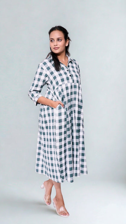 Olive green and white checks dress