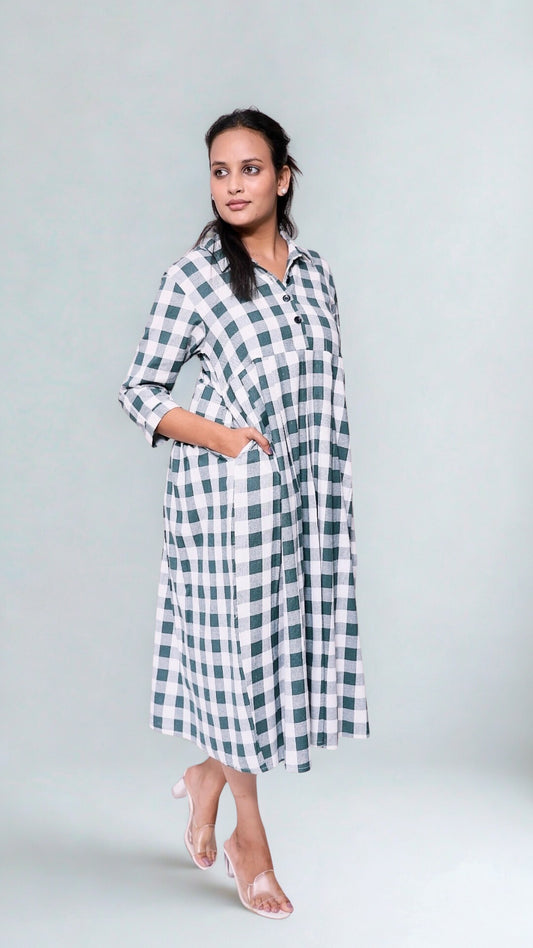 Olive green and white checks dress