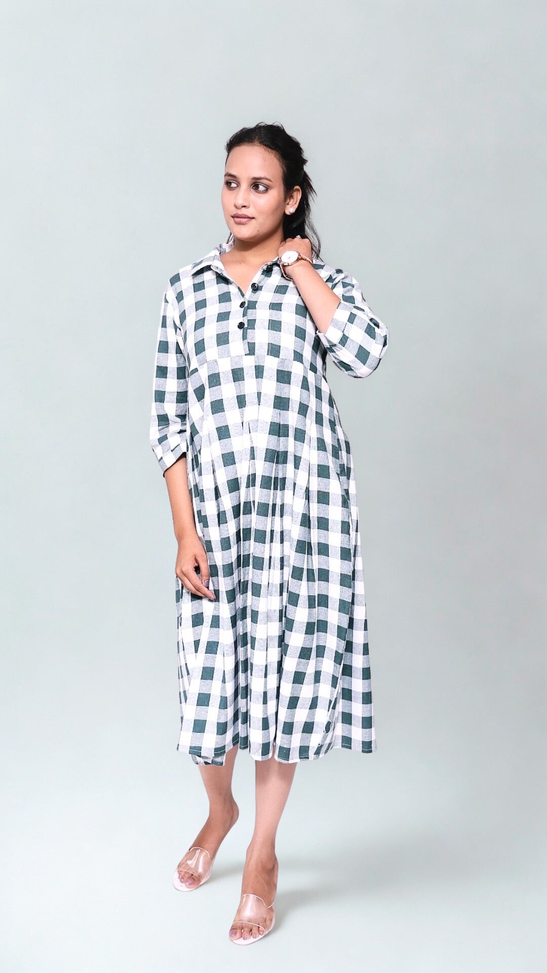 Olive green and white checks dress