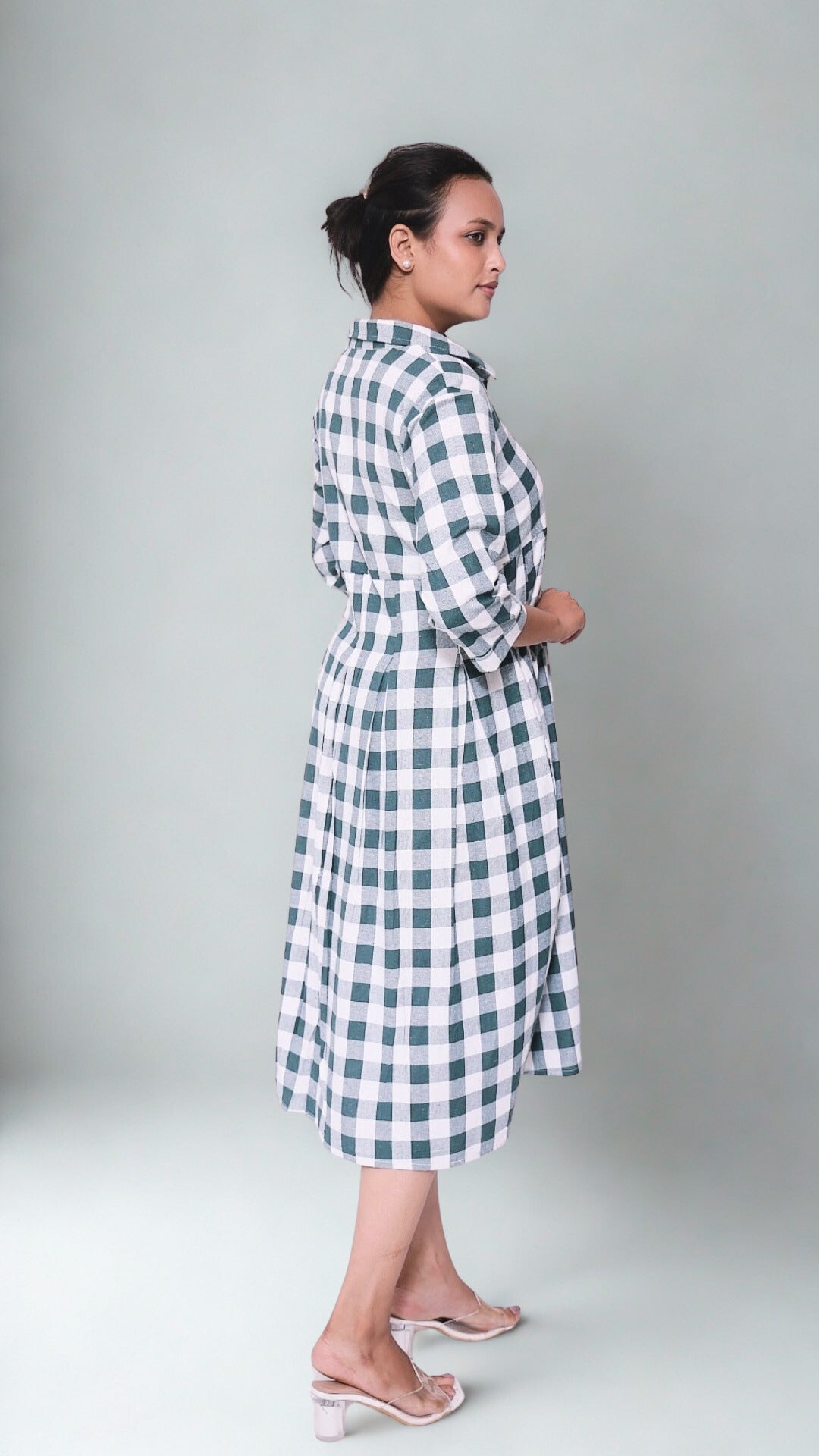 Olive green and white checks dress