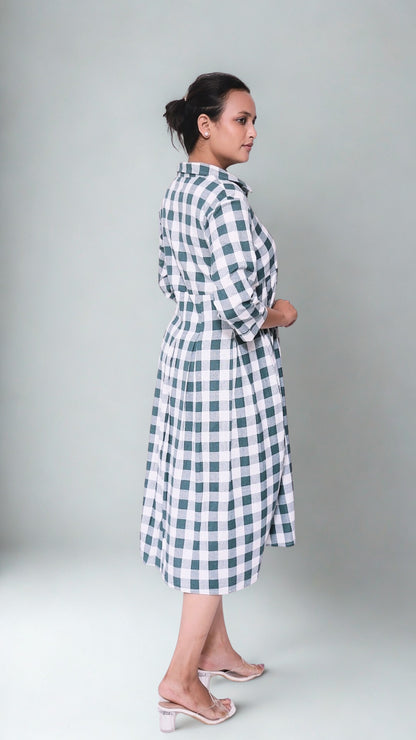 Olive green and white checks dress