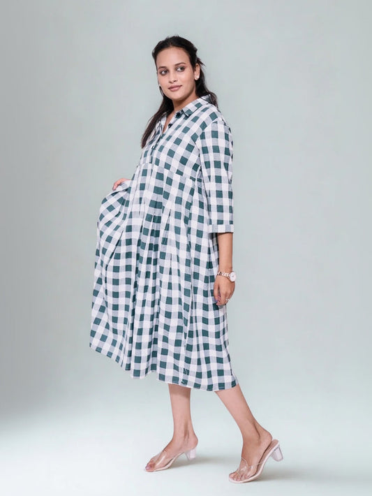 Olive green and white checks dress