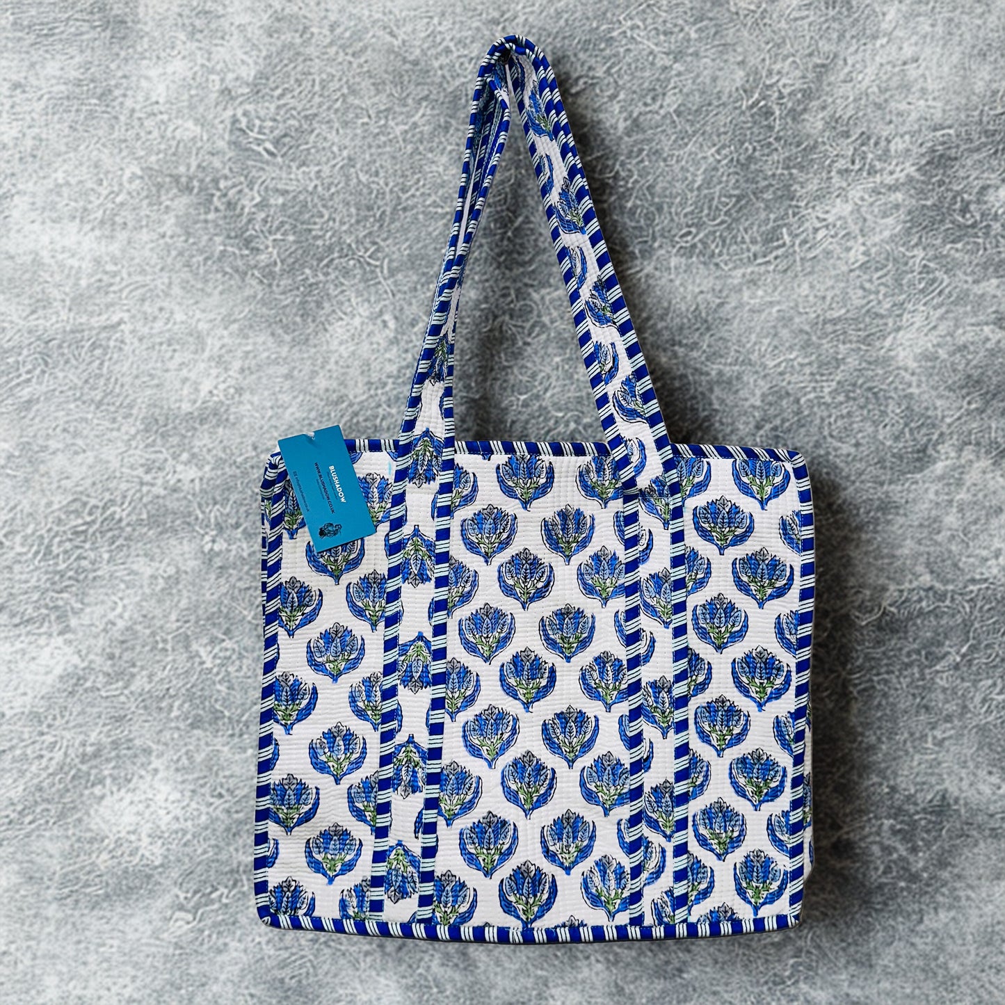 Blue Floral Hand Printed Tote Bag