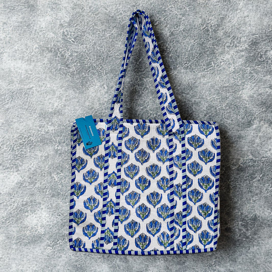 Blue Floral Hand Printed Tote Bag
