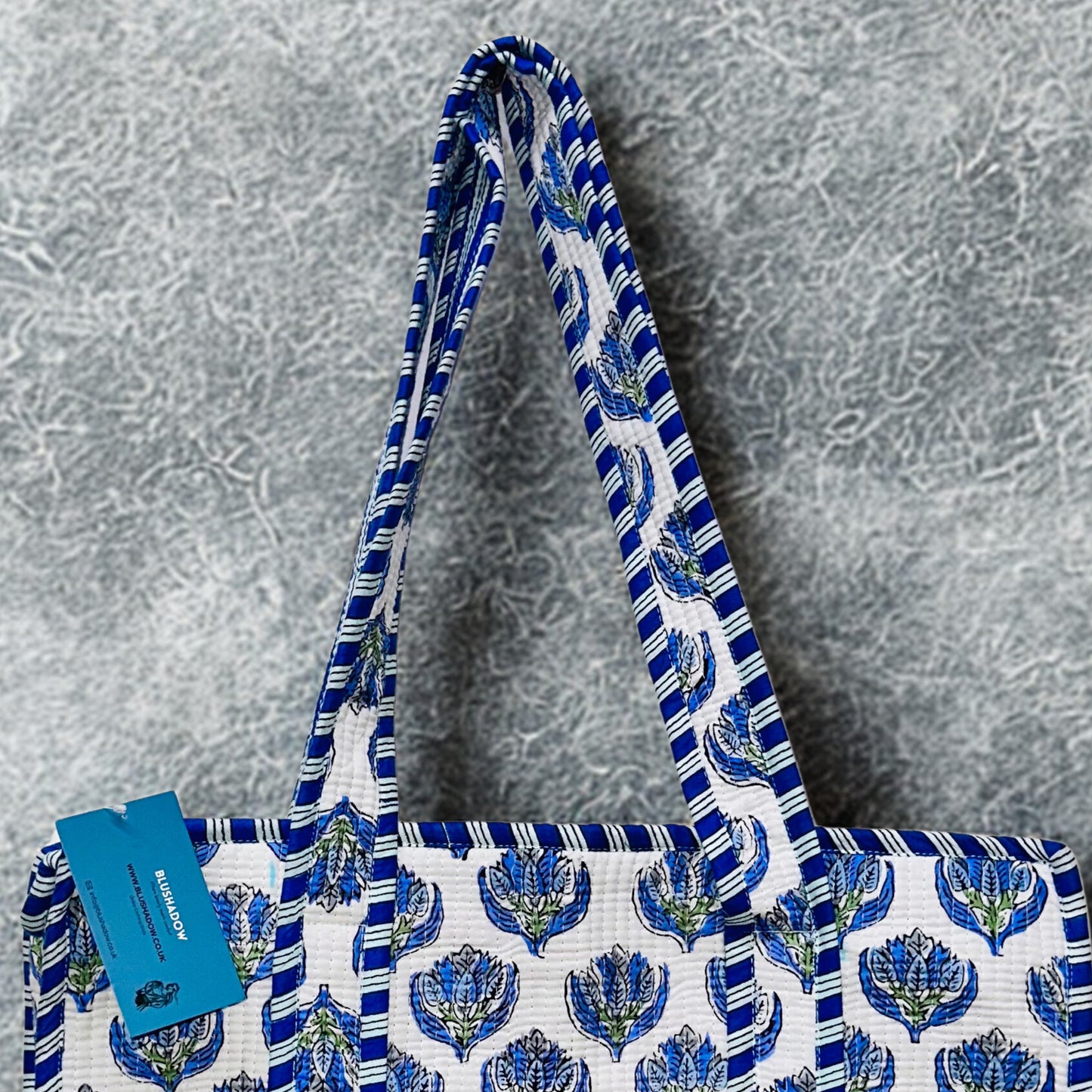 Blue Floral Hand Printed Tote Bag