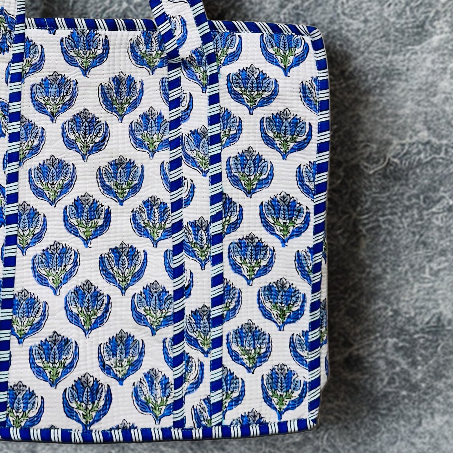 Blue Floral Hand Printed Tote Bag