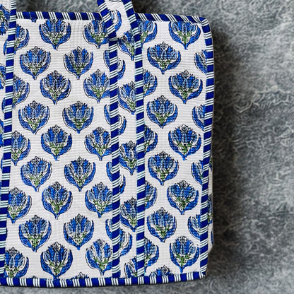 Blue Floral Hand Printed Tote Bag